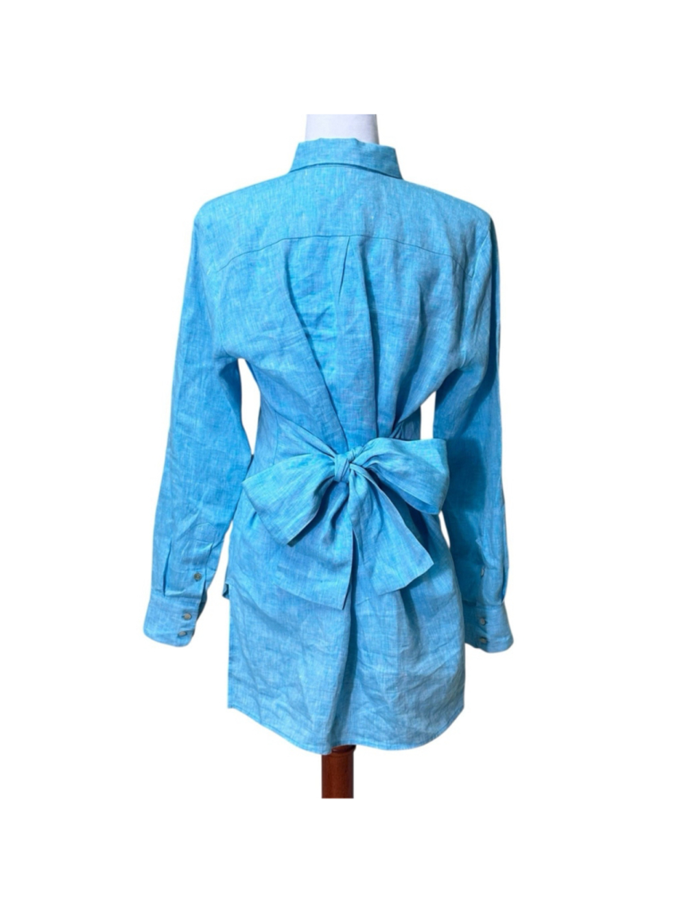 120% Lino Linen Teal Womens Long Sleeve Button Down Tunic Top Cinch Waist Tie M